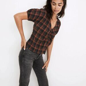 Gathered V-Neck Top in Plaid